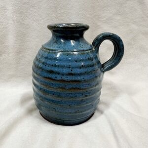 W & S Hand Thrown Pottery Vase Jug Blue Ribbed Glaze Handle Colorado Studio 6"